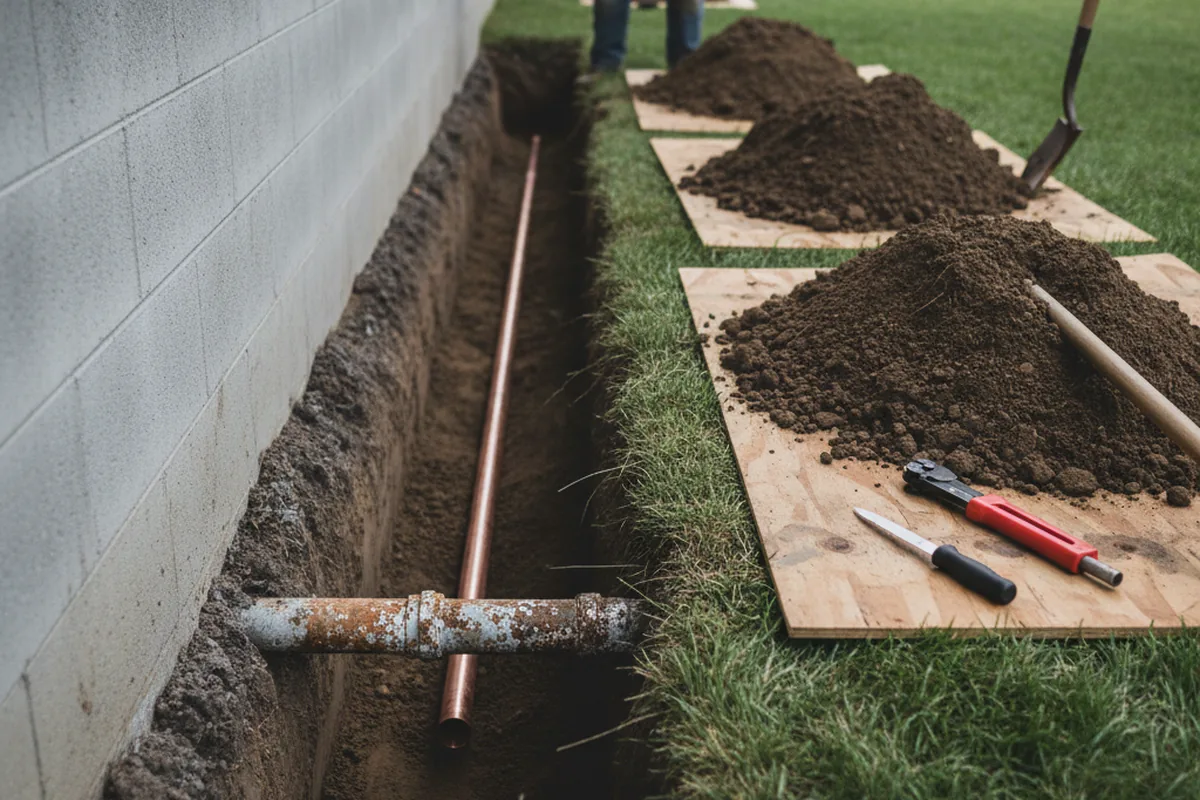 Excavated water line trench during Water Softener Installation in Ladoga